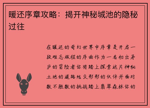 暖还序章攻略：揭开神秘城池的隐秘过往